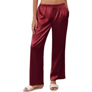 imageEkouaer Womens Silk Satin Wide Leg Pajama Sleep Pants Casual Loose Soft Lounge Pants Elastic Waist Pj Bottoms with PocketsWine Red