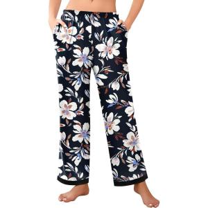 imageEkouaer Womens Soft Pajama Pants Casual Lounge Sleep Pants Stretch Pajama Bottoms Color Block Hem Pj Pants with PocketsFlowers Black