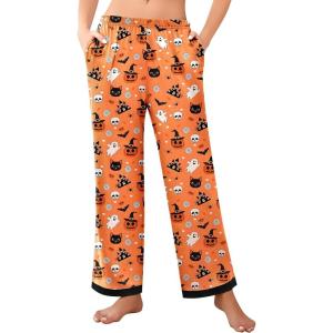 imageEkouaer Womens Soft Pajama Pants Casual Lounge Sleep Pants Stretch Pajama Bottoms Color Block Hem Pj Pants with PocketsOrange Pumpkin