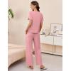 imageEkouaer Womens Ribbed Knit Lounge Set Short Sleeve Top and Long Pants Soft Pajama Set 2 Piece Sleepwear with PocketsLight Pink