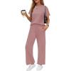 imageEkouaer Womens Ribbed Knit Lounge Set Short Sleeve Top and Long Pants Soft Pajama Set 2 Piece Sleepwear with PocketsLight Pink