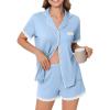 imageEkouaer Womens Short Sleeve Pajamas Set Soft Sleepwear Button Down Lounge Set Lace Top and Shorts Pj NightwearLight Blue
