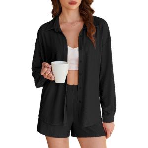 imageEkouaer 2 Piece Sets for Women Lounge Sets Button Down Matching Shorts Sets with Pockets Swiss Dot OutfitsBlack
