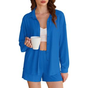 imageEkouaer 2 Piece Sets for Women Lounge Sets Button Down Matching Shorts Sets with Pockets Swiss Dot OutfitsBlue