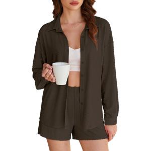 imageEkouaer 2 Piece Sets for Women Lounge Sets Button Down Matching Shorts Sets with Pockets Swiss Dot OutfitsBrown