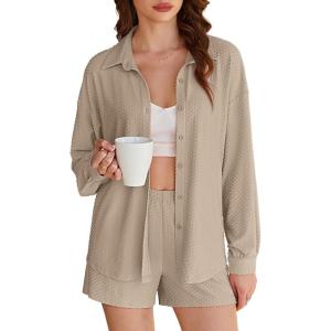 imageEkouaer 2 Piece Sets for Women Lounge Sets Button Down Matching Shorts Sets with Pockets Swiss Dot OutfitsChampagne