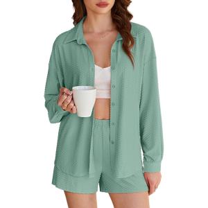 imageEkouaer 2 Piece Sets for Women Lounge Sets Button Down Matching Shorts Sets with Pockets Swiss Dot OutfitsIce Green