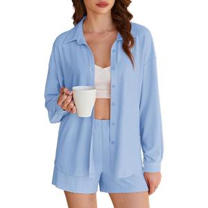 imageEkouaer 2 Piece Sets for Women Lounge Sets Button Down Matching Shorts Sets with Pockets Swiss Dot OutfitsLight Blue