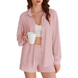 imageEkouaer 2 Piece Sets for Women Lounge Sets Button Down Matching Shorts Sets with Pockets Swiss Dot OutfitsLight Pink