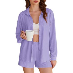 imageEkouaer 2 Piece Sets for Women Lounge Sets Button Down Matching Shorts Sets with Pockets Swiss Dot OutfitsLilac Purple