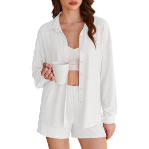 imageEkouaer 2 Piece Sets for Women Lounge Sets Button Down Matching Shorts Sets with Pockets Swiss Dot OutfitsWhite