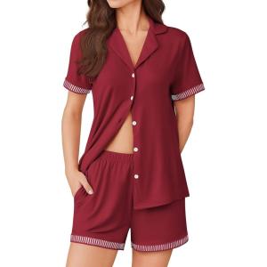 imageEkouaer Button Down Pajamas for Women Set Short Sleeve Womens Sleepwear Shorts Set 2 Piece Summer Lounge SetsDeep Red