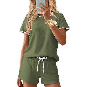 imageEkouaer Womens Pajama Set Ribbed Knit Soft Shorts Pjs Summer Sleepwear Two Piece Casual Lounge Sets with Drawstring ampamp PocketsArmy Green