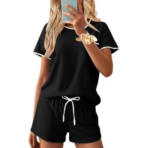 imageEkouaer Womens Pajama Set Ribbed Knit Soft Shorts Pjs Summer Sleepwear Two Piece Casual Lounge Sets with Drawstring ampamp PocketsBlack