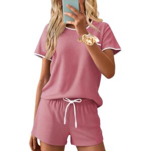imageEkouaer Womens Pajama Set Ribbed Knit Soft Shorts Pjs Summer Sleepwear Two Piece Casual Lounge Sets with Drawstring ampamp PocketsDark Pink
