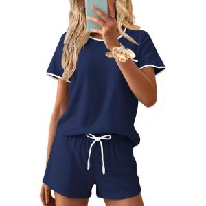 imageEkouaer Womens Pajama Set Ribbed Knit Soft Shorts Pjs Summer Sleepwear Two Piece Casual Lounge Sets with Drawstring ampamp PocketsNavy Blue