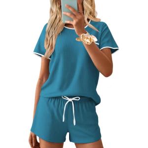 imageEkouaer Womens Pajama Set Ribbed Knit Soft Shorts Pjs Summer Sleepwear Two Piece Casual Lounge Sets with Drawstring ampamp PocketsSlate Teal