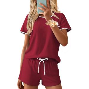 imageEkouaer Womens Pajama Set Ribbed Knit Soft Shorts Pjs Summer Sleepwear Two Piece Casual Lounge Sets with Drawstring ampamp PocketsWine Red