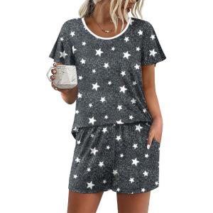 imageEkouaer Womens Pajama Set Summer Short Sleeve Pjs Sleepwear Cute 2 Piece Lounge Sets SXXLGray Stars