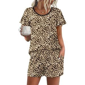 imageEkouaer Womens Pajama Set Summer Short Sleeve Pjs Sleepwear Cute 2 Piece Lounge Sets SXXLLeopard