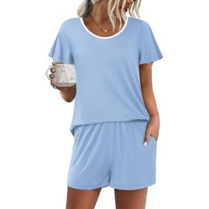imageEkouaer Womens Pajama Set Summer Short Sleeve Pjs Sleepwear Cute 2 Piece Lounge Sets SXXLLight Blue