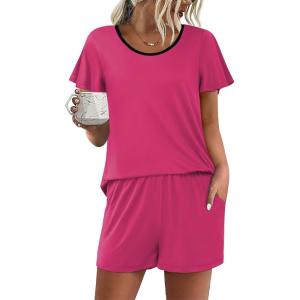 imageEkouaer Womens Pajama Set Summer Short Sleeve Pjs Sleepwear Cute 2 Piece Lounge Sets SXXLRose Red