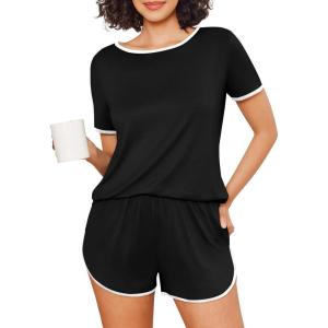 imageEkouaer Womens Pajama Sets Color Block Short Sleeve Sleepwear Soft Pjs Sets Summer 2 Piece Lounge Set with Pockets SXXLBlack With White Piping