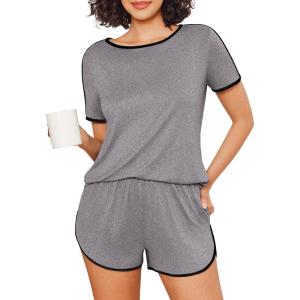 imageEkouaer Womens Pajama Sets Color Block Short Sleeve Sleepwear Soft Pjs Sets Summer 2 Piece Lounge Set with Pockets SXXLMedium Flower Grey