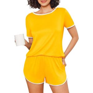 imageEkouaer Womens Pajama Sets Color Block Short Sleeve Sleepwear Soft Pjs Sets Summer 2 Piece Lounge Set with Pockets SXXLMedium Yellow