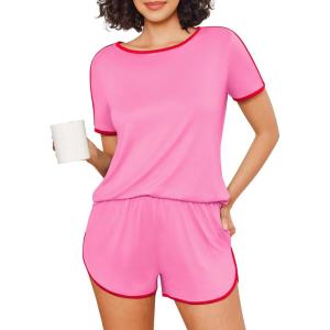 imageEkouaer Womens Pajama Sets Color Block Short Sleeve Sleepwear Soft Pjs Sets Summer 2 Piece Lounge Set with Pockets SXXLPeach Pink