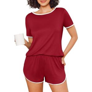 imageEkouaer Womens Pajama Sets Color Block Short Sleeve Sleepwear Soft Pjs Sets Summer 2 Piece Lounge Set with Pockets SXXLWine Red