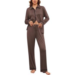 imageEkouaer Womens Pajama Sets Long Sleeve Sleepwear Soft Button Down Pjs 2 Piece Loungewear witn Pants SXXLBrown
