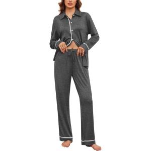 imageEkouaer Womens Pajama Sets Long Sleeve Sleepwear Soft Button Down Pjs 2 Piece Loungewear witn Pants SXXLDark Grey