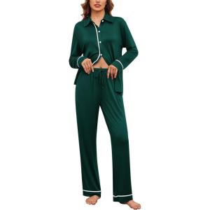imageEkouaer Womens Pajama Sets Long Sleeve Sleepwear Soft Button Down Pjs 2 Piece Loungewear witn Pants SXXLGreen