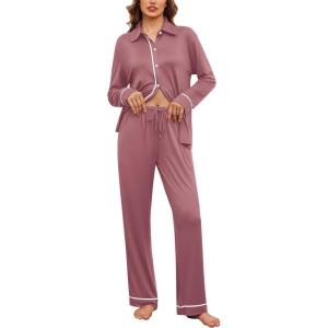 imageEkouaer Womens Pajama Sets Long Sleeve Sleepwear Soft Button Down Pjs 2 Piece Loungewear witn Pants SXXLOld Rose
