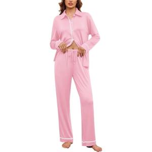 imageEkouaer Womens Pajama Sets Long Sleeve Sleepwear Soft Button Down Pjs 2 Piece Loungewear witn Pants SXXLPink