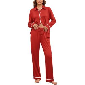 imageEkouaer Womens Pajama Sets Long Sleeve Sleepwear Soft Button Down Pjs 2 Piece Loungewear witn Pants SXXLRed
