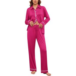 imageEkouaer Womens Pajama Sets Long Sleeve Sleepwear Soft Button Down Pjs 2 Piece Loungewear witn Pants SXXLRose