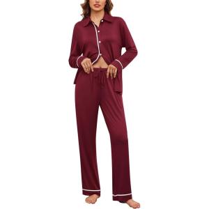 imageEkouaer Womens Pajama Sets Long Sleeve Sleepwear Soft Button Down Pjs 2 Piece Loungewear witn Pants SXXLWine Red