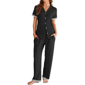 imageEkouaer Womens Pajama Sets Short Sleeve Button Up Pjs Chic Contrast Trim Long Pants with PocketsSoft Loungewear Set SXXLBlack