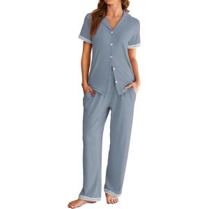 imageEkouaer Womens Pajama Sets Short Sleeve Button Up Pjs Chic Contrast Trim Long Pants with PocketsSoft Loungewear Set SXXLBlue