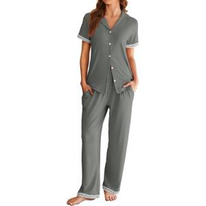 imageEkouaer Womens Pajama Sets Short Sleeve Button Up Pjs Chic Contrast Trim Long Pants with PocketsSoft Loungewear Set SXXLDark Grey