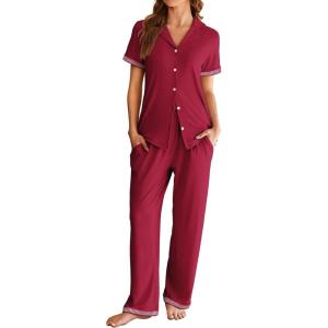 imageEkouaer Womens Pajama Sets Short Sleeve Button Up Pjs Chic Contrast Trim Long Pants with PocketsSoft Loungewear Set SXXLDark Red