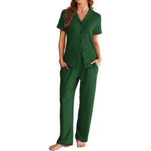 imageEkouaer Womens Pajama Sets Short Sleeve Button Up Pjs Chic Contrast Trim Long Pants with PocketsSoft Loungewear Set SXXLGreen