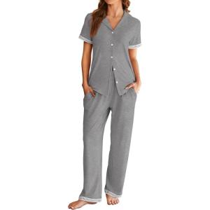 imageEkouaer Womens Pajama Sets Short Sleeve Button Up Pjs Chic Contrast Trim Long Pants with PocketsSoft Loungewear Set SXXLLight Gray