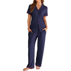 imageEkouaer Womens Pajama Sets Short Sleeve Button Up Pjs Chic Contrast Trim Long Pants with PocketsSoft Loungewear Set SXXLNavy Blue