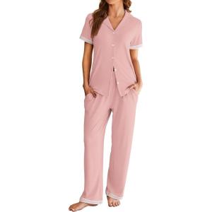 imageEkouaer Womens Pajama Sets Short Sleeve Button Up Pjs Chic Contrast Trim Long Pants with PocketsSoft Loungewear Set SXXLPink