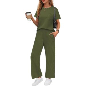 imageEkouaer Womens Ribbed Knit Lounge Set Short Sleeve Top and Long Pants Soft Pajama Set 2 Piece Sleepwear with PocketsArmy Green