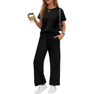 imageEkouaer Womens Ribbed Knit Lounge Set Short Sleeve Top and Long Pants Soft Pajama Set 2 Piece Sleepwear with PocketsBlack