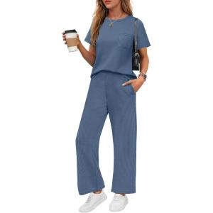 imageEkouaer Womens Ribbed Knit Lounge Set Short Sleeve Top and Long Pants Soft Pajama Set 2 Piece Sleepwear with PocketsBlue